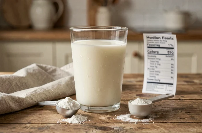 Verre de lait entier sur une table en bois avec étiquette nutritionnelle montrant la teneur en protéines