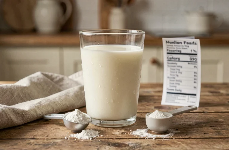Verre de lait entier sur une table en bois avec étiquette nutritionnelle montrant la teneur en protéines