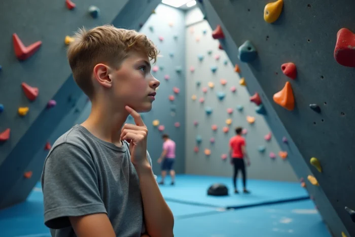 Un adolescent observe attentivement un nouveau bloc fraîchement installé sur un mur en dévers dans la salle Vertical'Art Lille, connue pour le renouvellement fréquent de ses voies