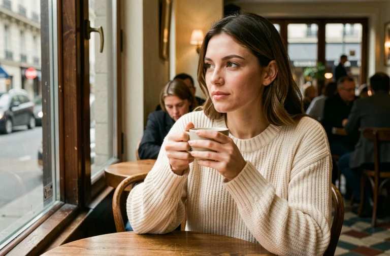 Femme élégante dans un café parisien tenant une tasse de café, évoquant l'intimité et la vie privée d'un couple