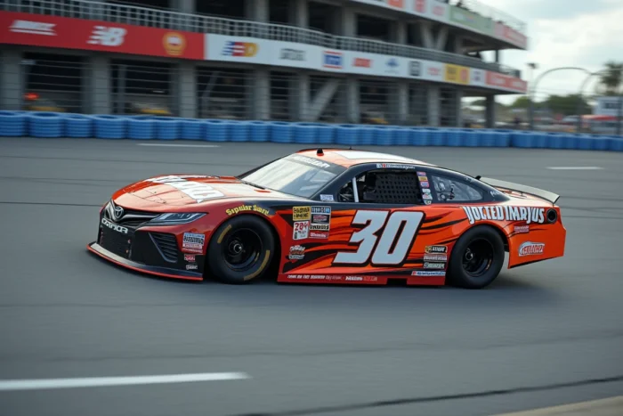Voiture NASCAR en pleine course sur un virage relevé d'un circuit ovale avec flou de mouvement