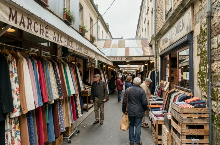 Vue extérieure des allées de boutiques de vêtements vintage au marché aux puces de Saint-Ouen Clignancourt