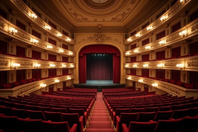 Vue depuis le balcon du Théâtre du Palais-Royal avec rangées de fauteuils en velours rouge et décors dorés