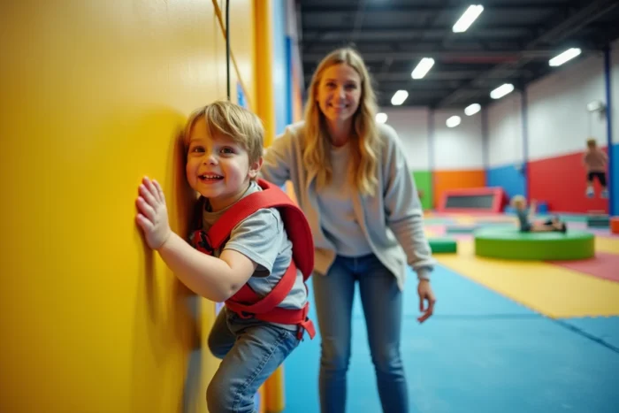Un tout-petit en baudrier tente ses premiers pas sur un mur d'escalade pour enfants dans l'espace multisport You Kids Lille-Marquette, ouvert dès le plus jeune âge